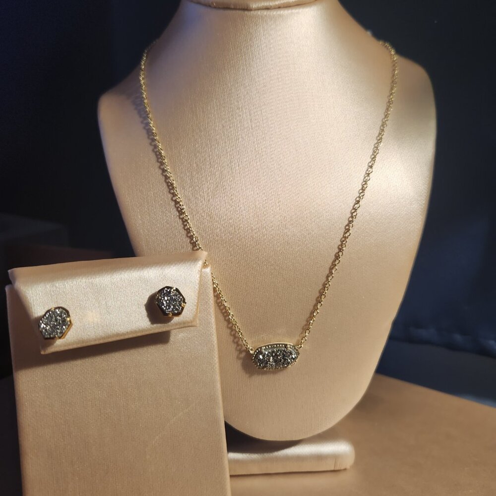 Kendra Scott Elisa Gold Platinum Drusy Necklace and  Emilie gold stud earrings - Picture 8 of 8